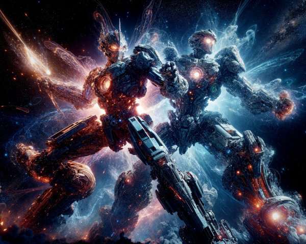 Colossal Robot Warriors in Cosmic Battle Scene