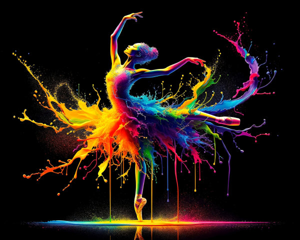 Ballerina Dancing Amid Colorful Paint Splashes