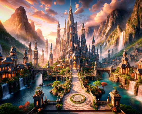 Majestic Fantasy Castle Amidst Mountains and Waterfalls
