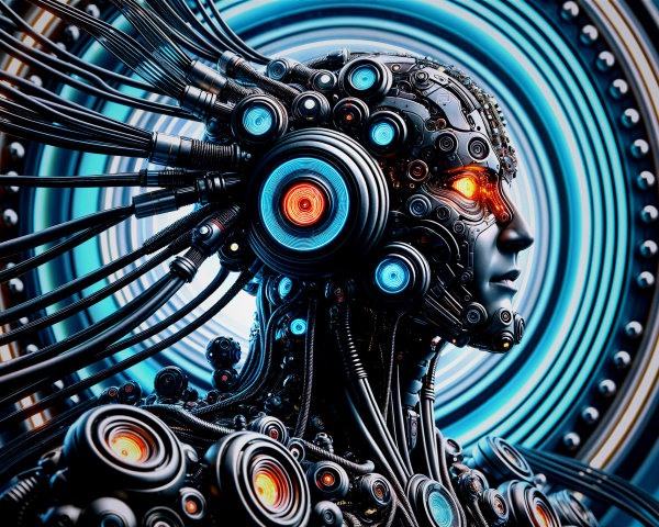 Futuristic humanoid figure with metallic features and lights