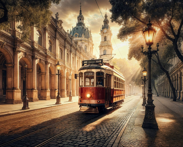 Vintage Tram on Cobblestone Street with Historic Buildings