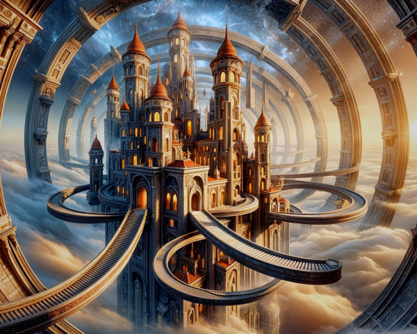 Majestic castle above clouds with intricate structures
