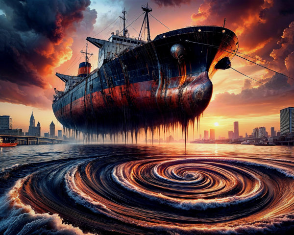 Massive Ship Above Vortex with Dramatic Sky and Skyline
