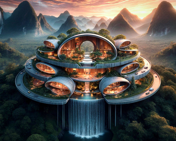 Futuristic Multi-Tiered Structure in Mountain Landscape