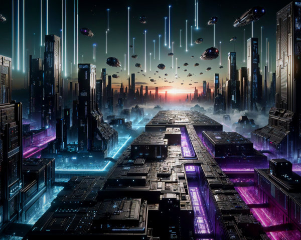 Futuristic Cityscape with Neon Lights and Flying Ships