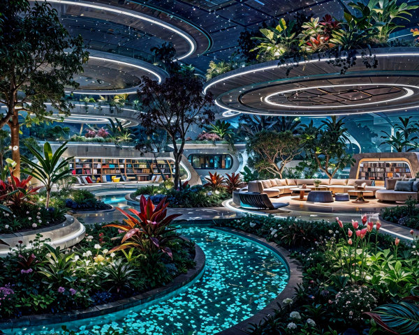 Futuristic Indoor Garden Library with Lush Greenery