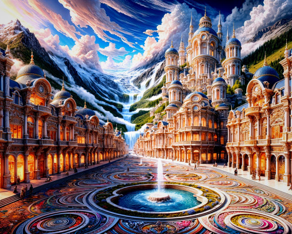 Fantastical Cityscape with Grand Buildings and Fountains