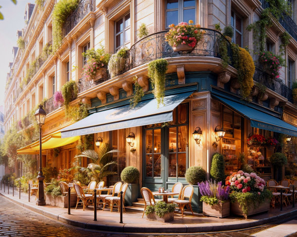 Charming Parisian Café with Outdoor Seating and Flowers