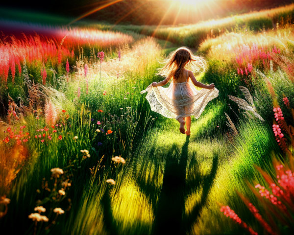 Little girl in white dress running through colorful meadow