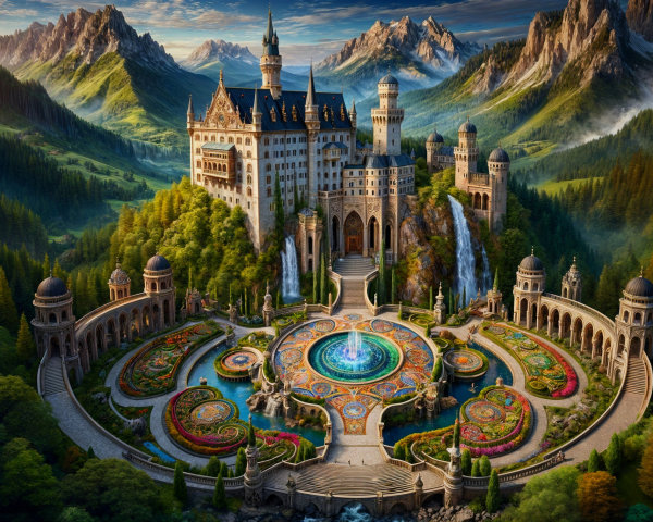 Majestic castle on a hill with gardens and waterfalls