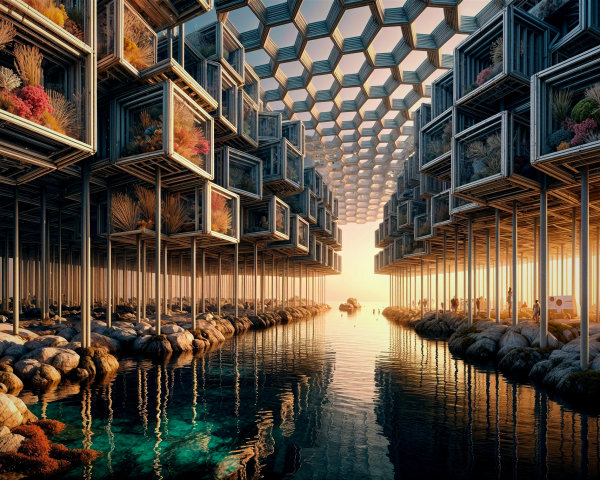 Illuminated Aquariums Above Calm Water at Sunset