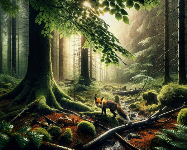 Tranquil Forest Scene with Fox and Sunlit Canopy