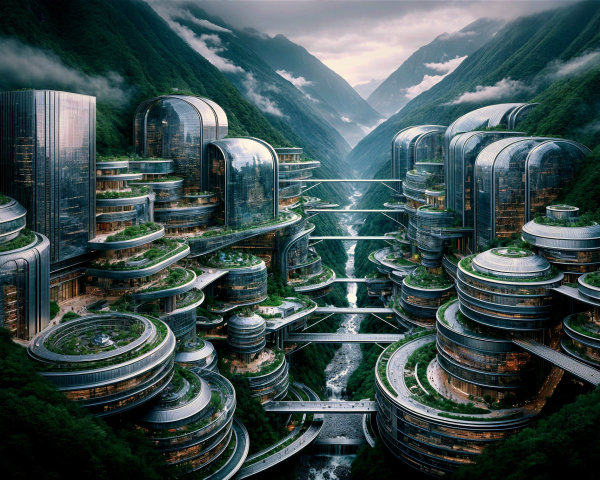 Futuristic City in a Lush Green Valley Landscape