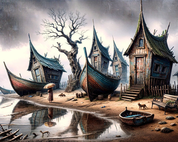 Surreal Coastal Scene with Whimsical Boat Houses