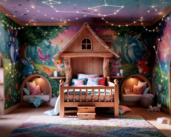 Magical Child's Bedroom with Animal Murals and Lights