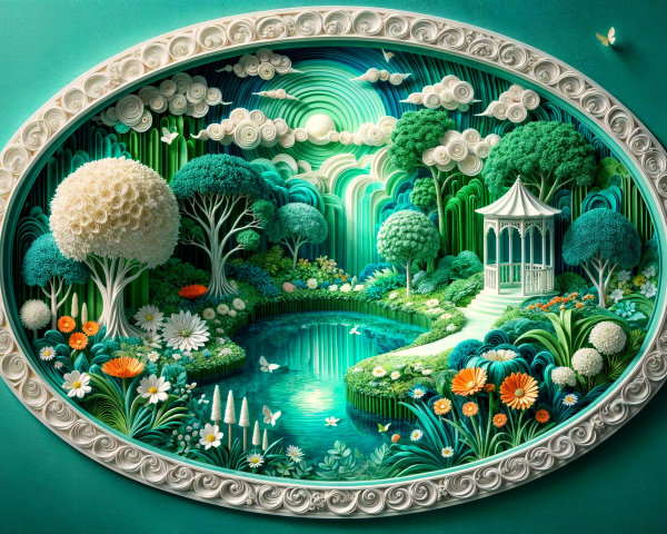 Vibrant Three-Dimensional Landscape with Gazebo and Pond