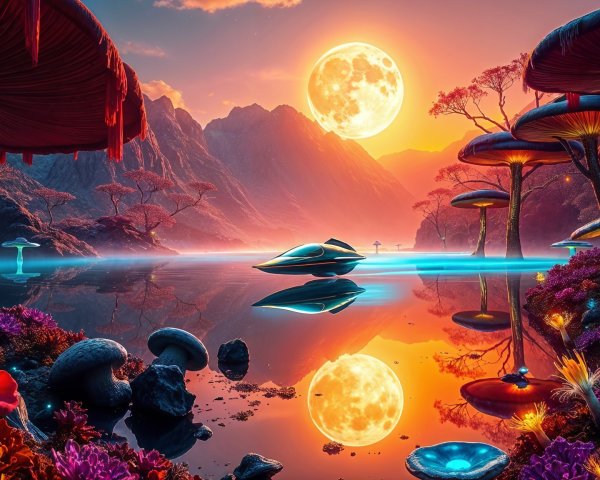 Surreal Landscape with Colorful Mushrooms and Moonlight