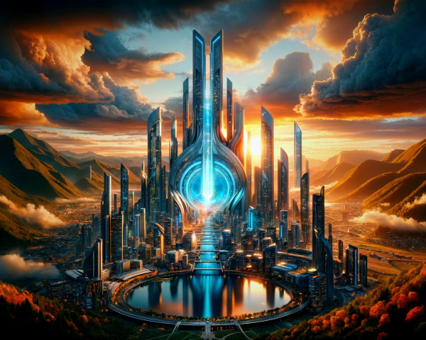Futuristic cityscape at dusk with serene lake reflection