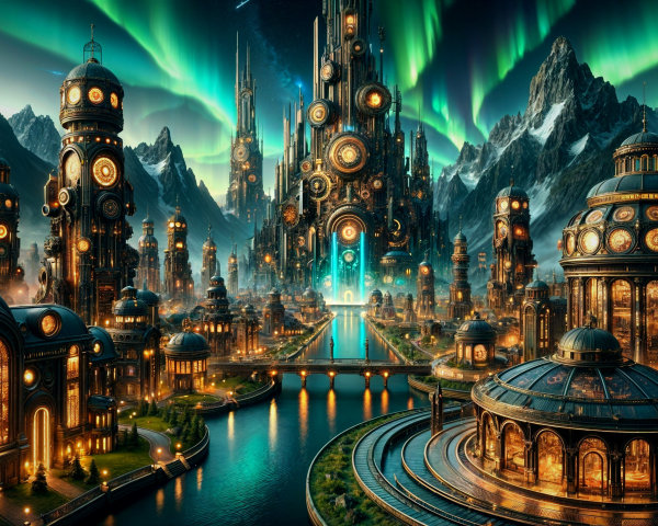 Steampunk city with clockwork towers and glowing river