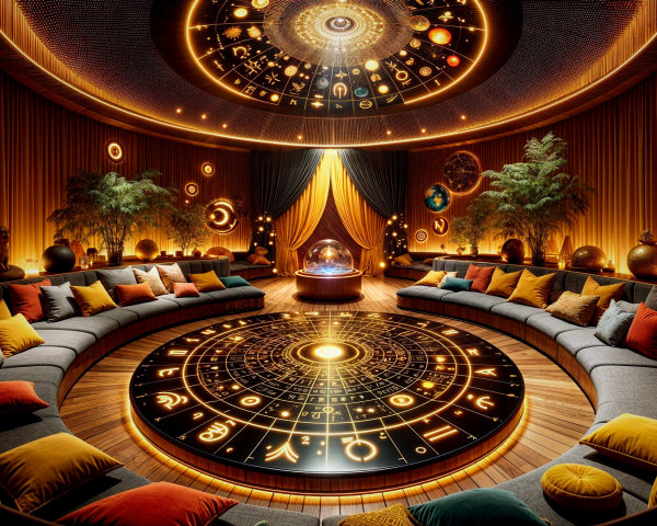 Opulent circular room with celestial decor and plants