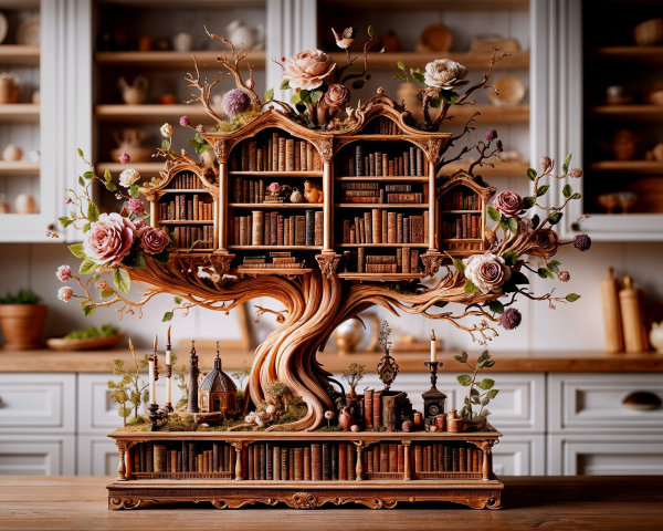Intricate Tree Display with Miniature Books and Flowers