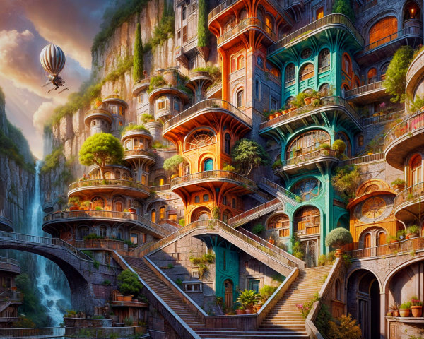 Futuristic cityscape with lush greenery and waterfalls