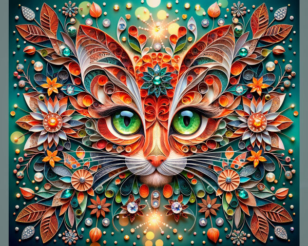 Intricate Cat Face Surrounded by Colorful Flowers