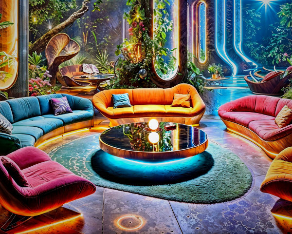 Futuristic lounge with colorful sofas and neon lights