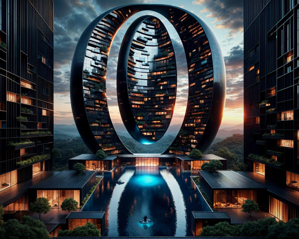Modern Architectural Design with Sunset Reflection