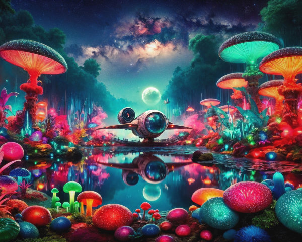 Vibrant Otherworldly Scene with Celestial Elements