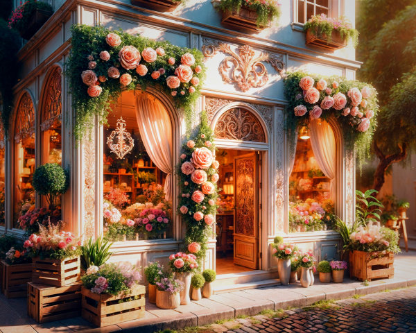 Charming Flower Shop with Pink Roses and Greenery