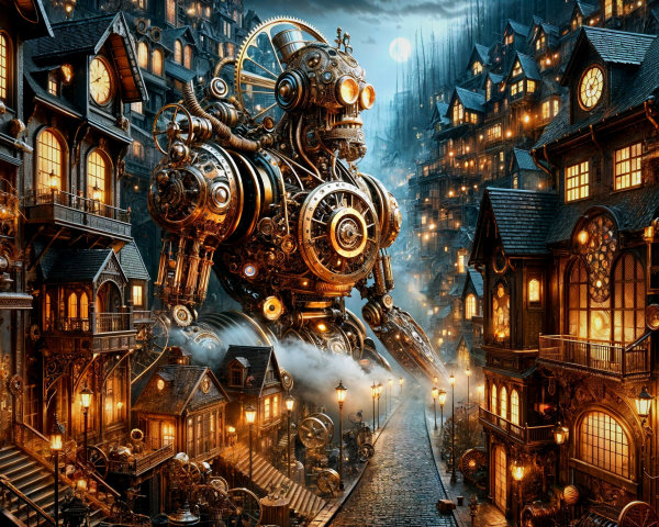 Giant Mechanical Robot in Mystic Steampunk City