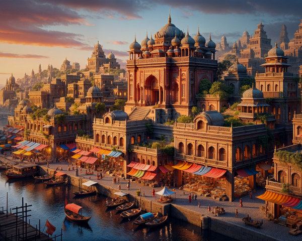 Vibrant Riverside Market Scene at Sunset with Architecture