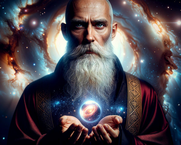 Ethereal Figure in Cosmic Scene with Glowing Orb