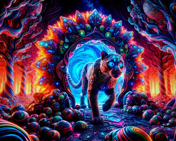 Enchanted forest with psychedelic colors and a panther