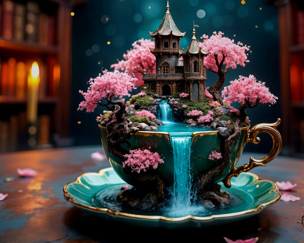 Whimsical Teapot Scene with Castle and Cherry Blossoms