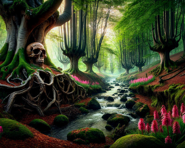 Mystical Forest with Ancient Trees and Serene Stream