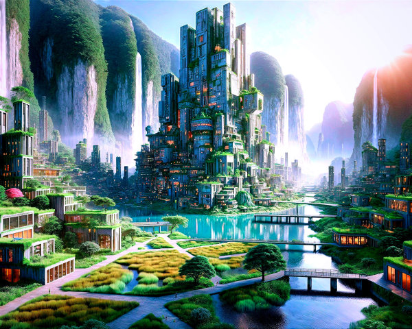 Futuristic Cityscape Surrounded by Green Mountains