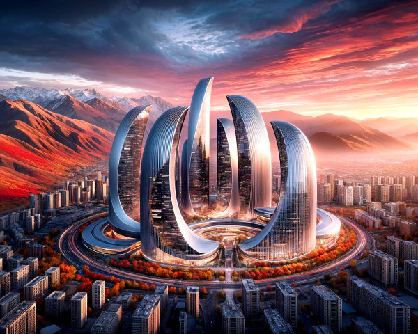 Futuristic cityscape with skyscrapers and nature blend