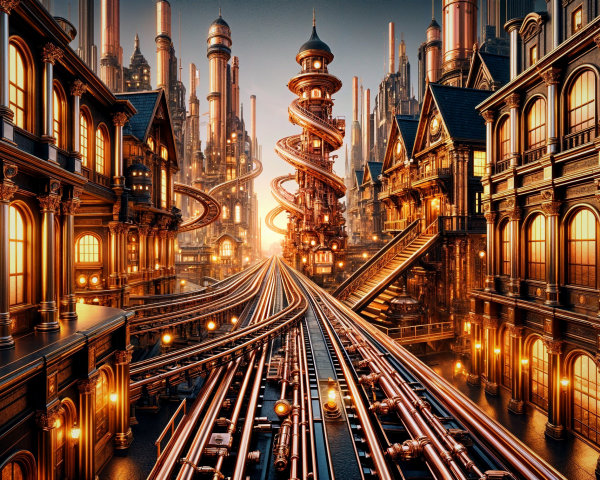 Fantastical Twilight Cityscape with Steampunk Elements