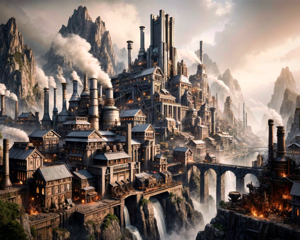 Industrial City Surrounded by Mountains and Waterfalls