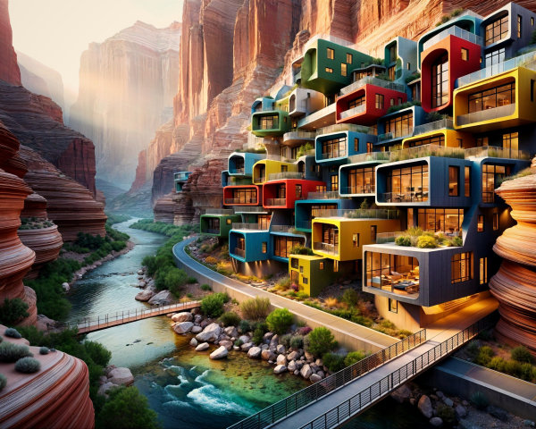 Modern Architecture Amidst Red Rock Cliffs and River