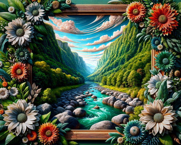 Vibrant Landscape with Colorful Floral Frame