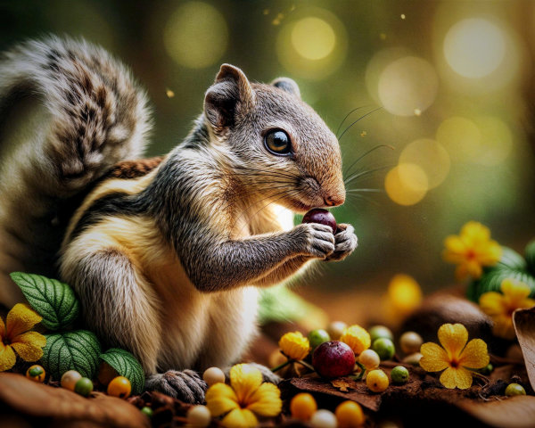 Squirrel Among Colorful Autumn Foliage and Bokeh Lights