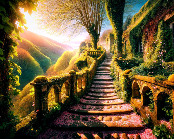 Stone Staircase in a Lush Verdant Landscape