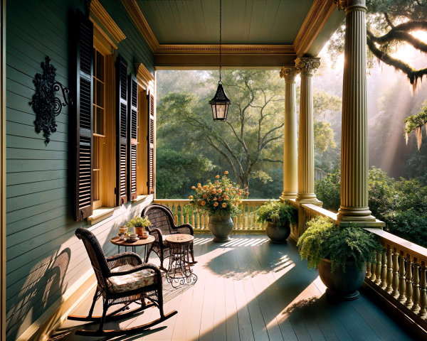 Elegant Porch with Rocking Chairs and Lush Greenery