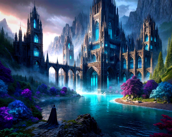 Majestic castle by serene lake with gothic architecture