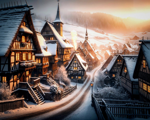 Winter Village Scene with Snow-Covered Houses