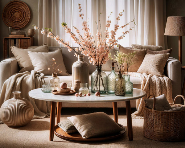 Cozy living room with light sofa and natural decor