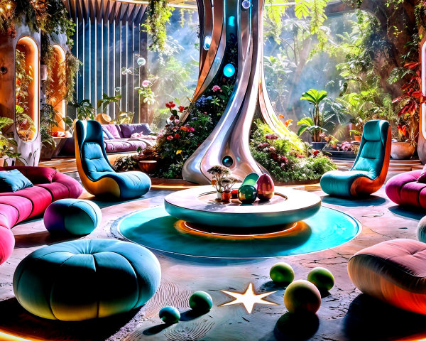 Futuristic Living Space with Circular Seating and Greenery
